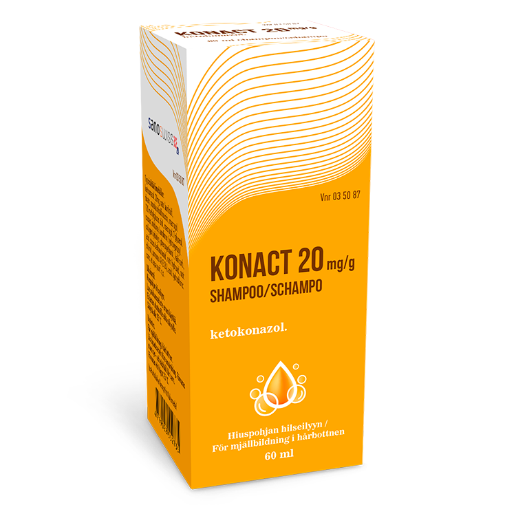 Konact-tuotepakkauksen kuva. Konact-hilseshampoo.